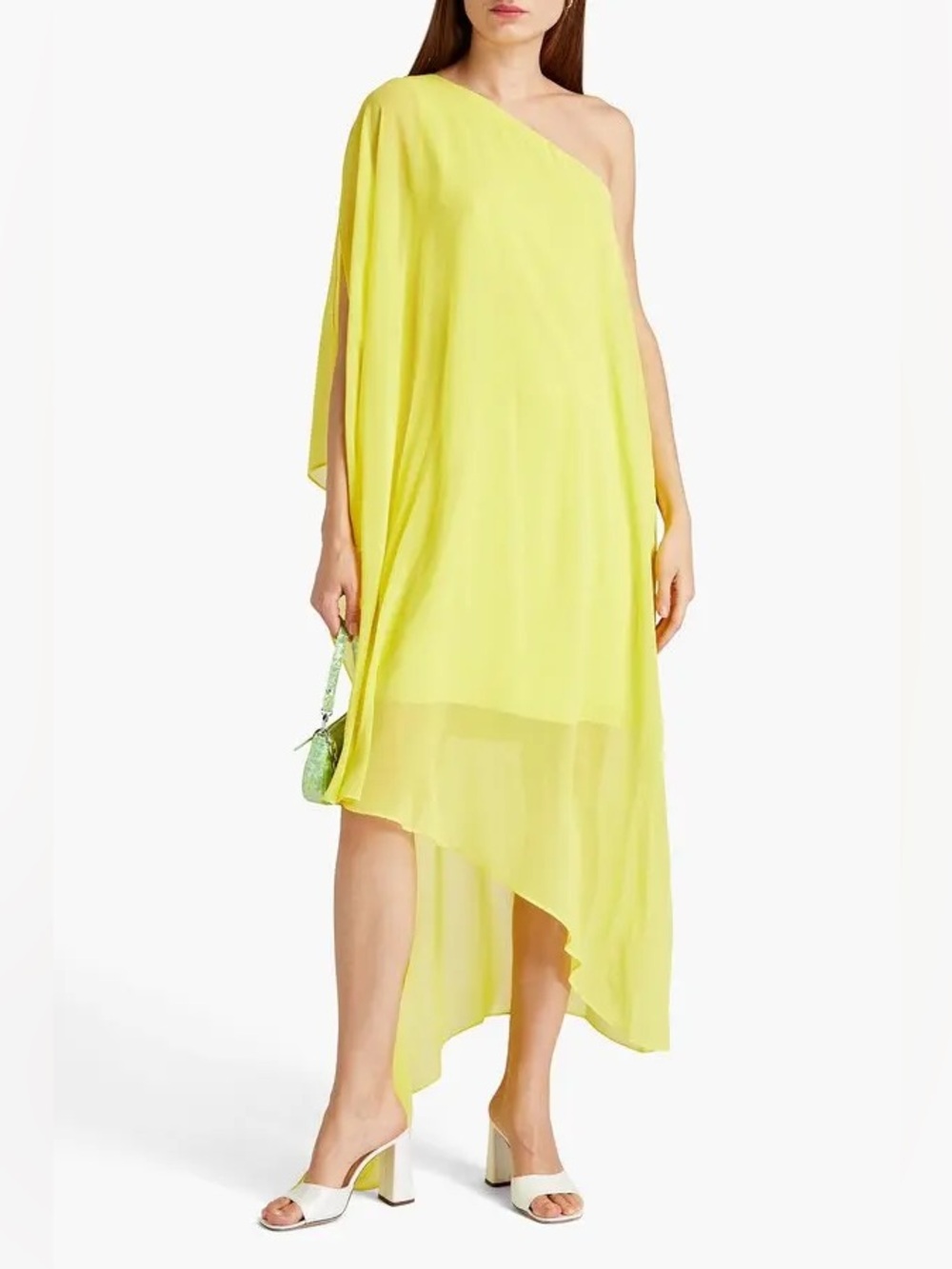 $595 NWT Halston “Ellie” One-Shoulder Asymmetric Dress in Citrus Sz 4